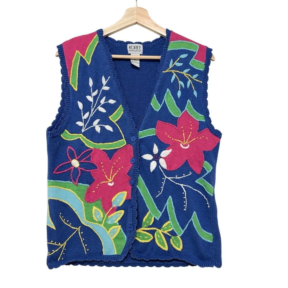 Koret Floral‎ Knit Vest Women Size Small Embroidered Blue Garden Grandmacore Vtg